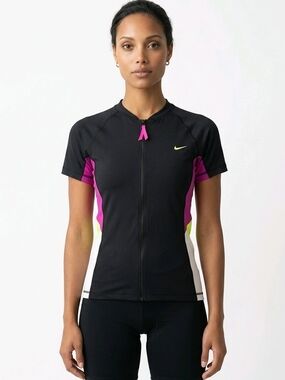 Nike Women's Black Athletic Zip-Front Top with Pink and Neon Yellow Accents